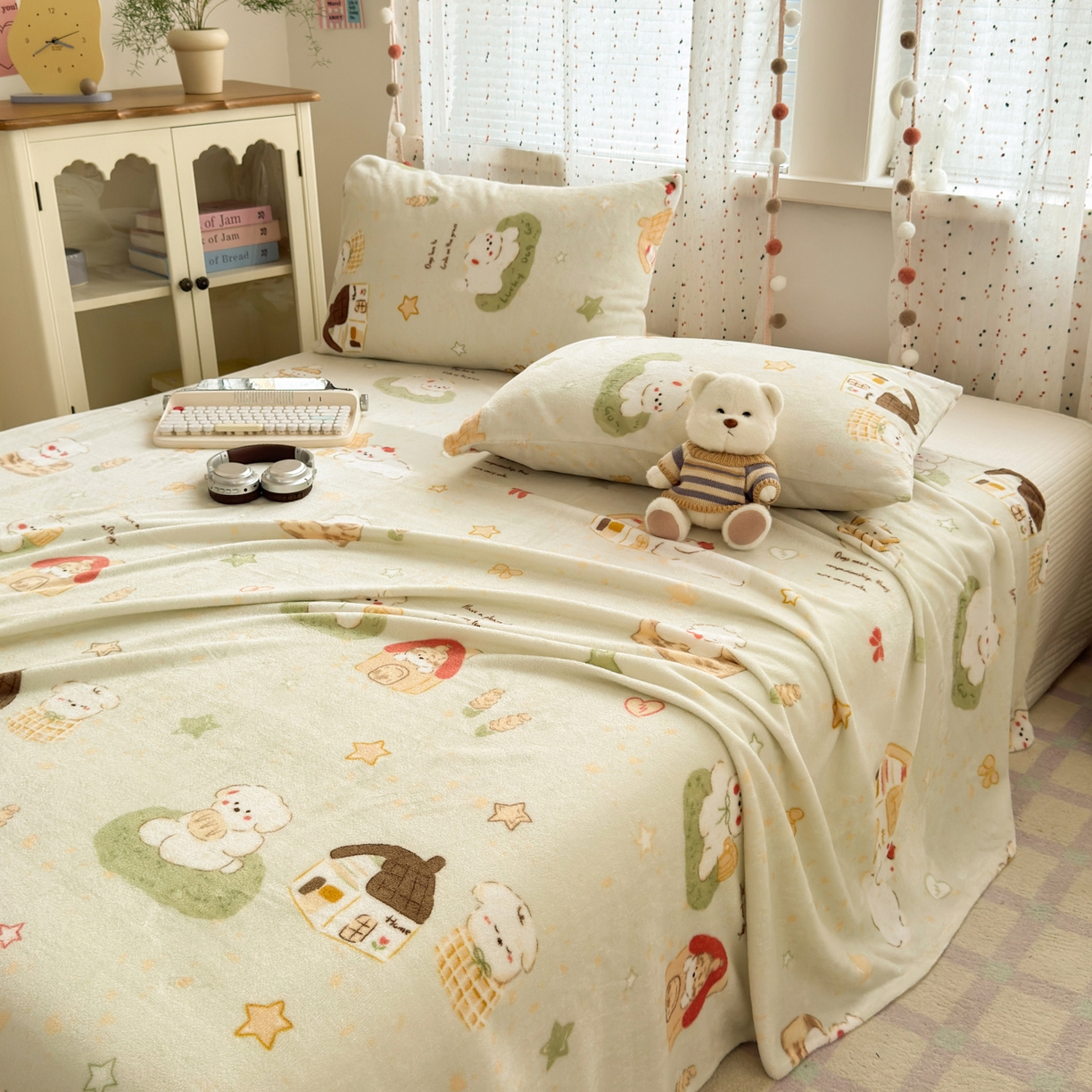 91家纺网 家纺一手货源 找家纺 沐芷 2025 A类牛奶绒床单高克重加厚床单单件加绒床单三件套珊瑚绒 提供买家秀（下载文件包，包含买家秀） 【绒】奶萌修狗