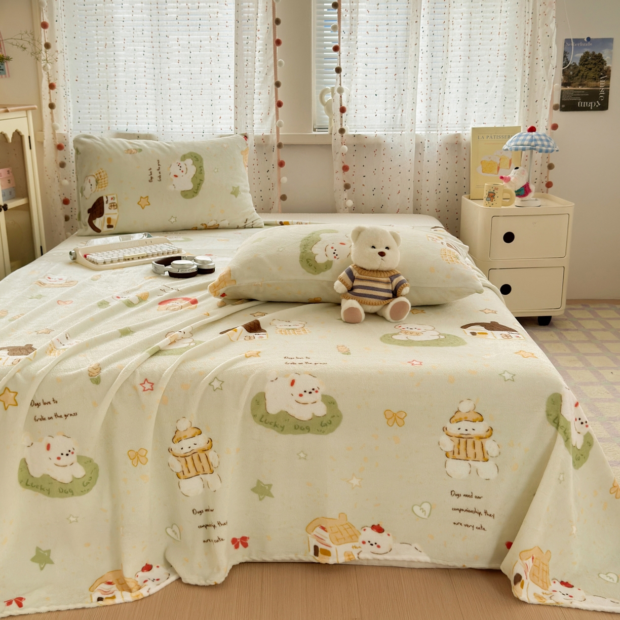 91家纺网 家纺一手货源 找家纺 沐芷 2025 A类牛奶绒床单高克重加厚床单单件加绒床单三件套珊瑚绒 提供买家秀（下载文件包，包含买家秀） 【绒】奶萌修狗