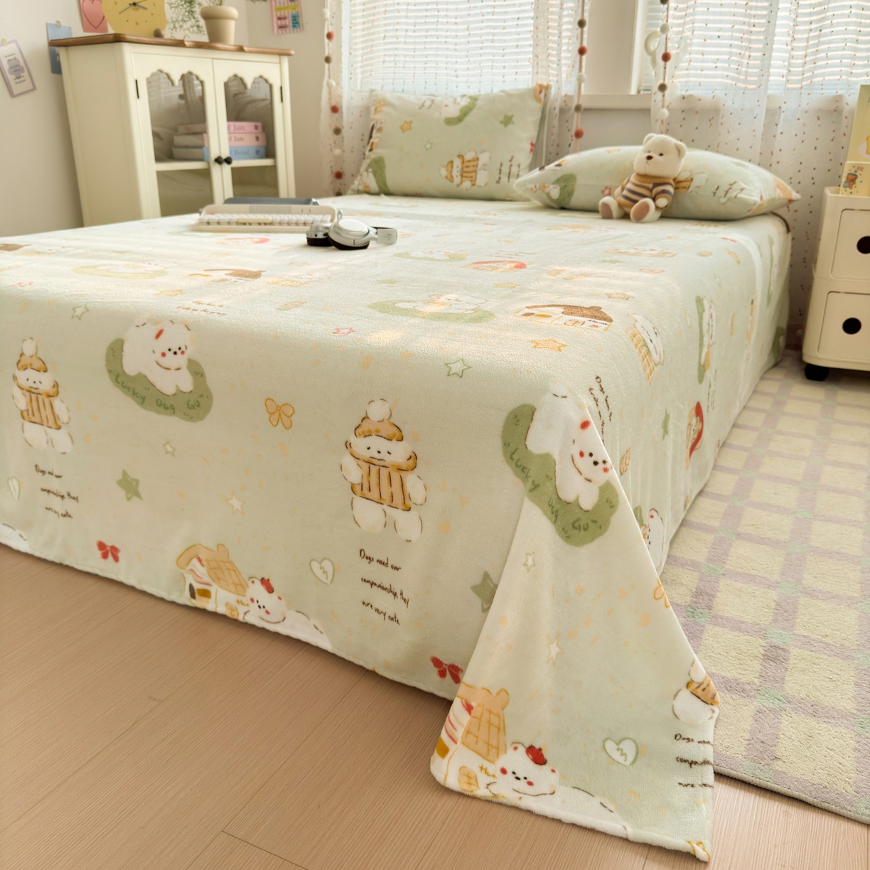 91家纺网 家纺一手货源 找家纺 沐芷 2025 A类牛奶绒床单高克重加厚床单单件加绒床单三件套珊瑚绒 提供买家秀（下载文件包，包含买家秀） 【绒】奶萌修狗