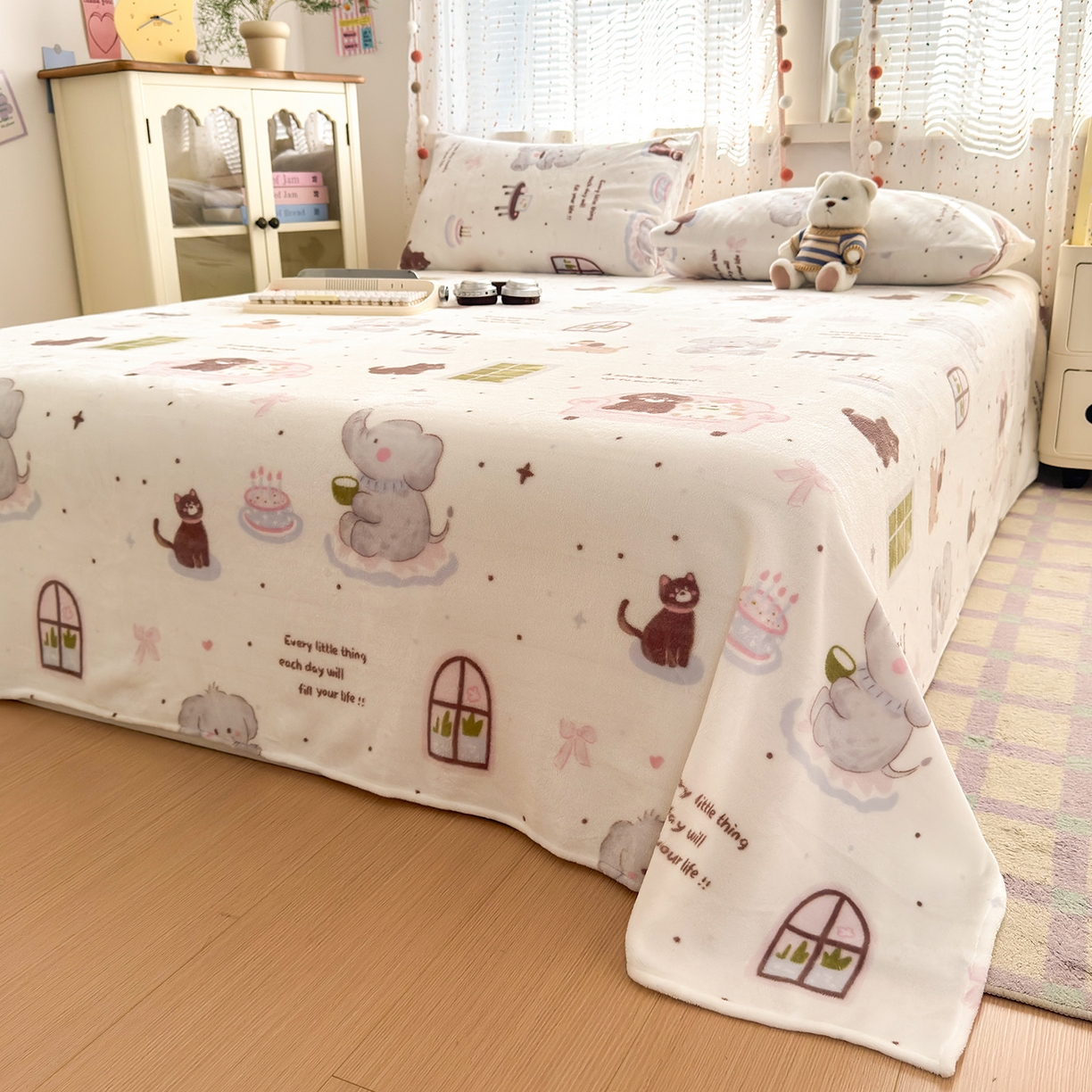 91家纺网 家纺一手货源 找家纺 沐芷 2025 A类牛奶绒床单高克重加厚床单单件加绒床单三件套珊瑚绒 提供买家秀（下载文件包，包含买家秀） 【绒】软萌小象