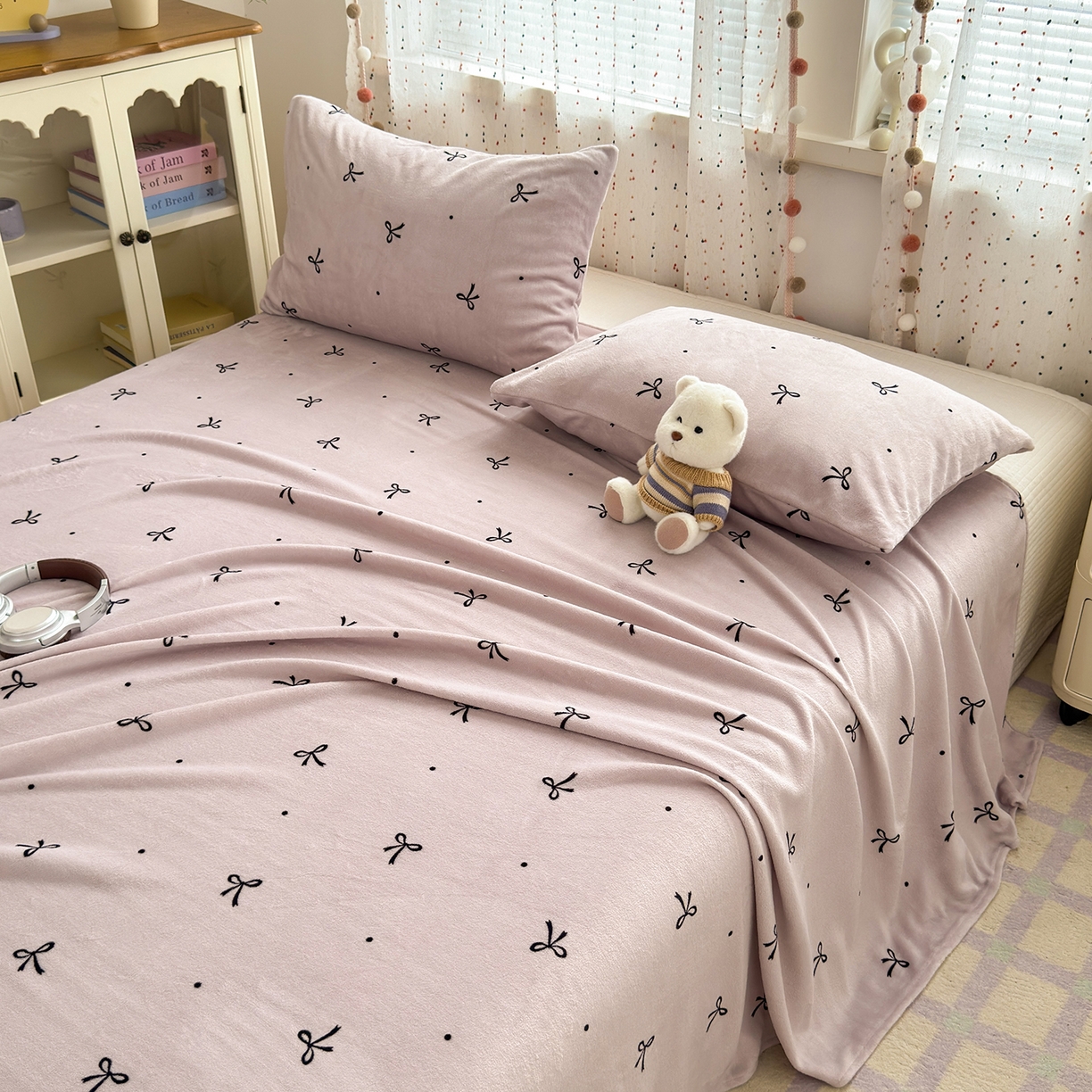 91家纺网 家纺一手货源 找家纺 沐芷 2025 A类牛奶绒床单高克重加厚床单单件加绒床单三件套珊瑚绒 提供买家秀（下载文件包，包含买家秀） 【绒】小蝴蝶结紫