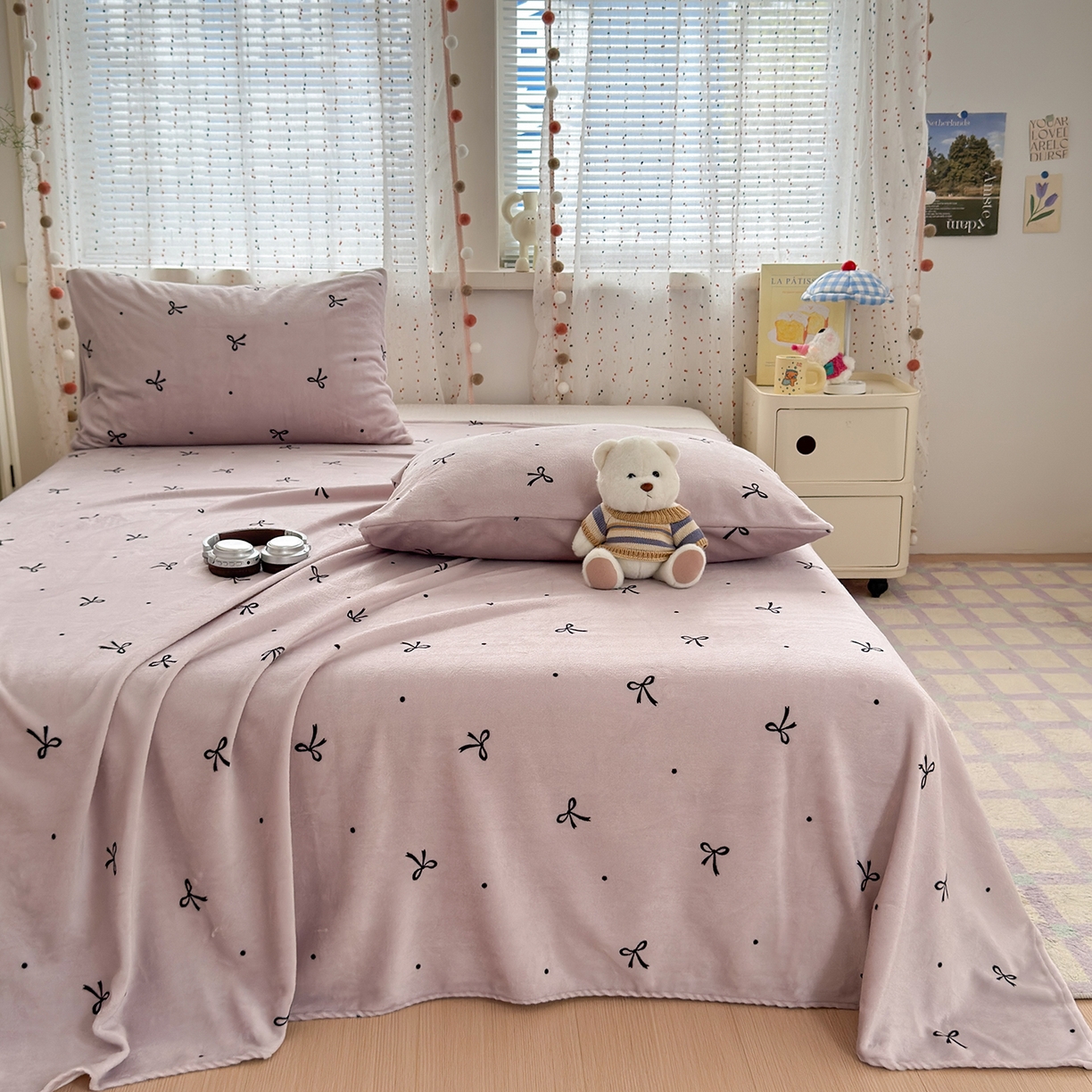 91家纺网 家纺一手货源 找家纺 沐芷 2025 A类牛奶绒床单高克重加厚床单单件加绒床单三件套珊瑚绒 提供买家秀（下载文件包，包含买家秀） 【绒】小蝴蝶结紫