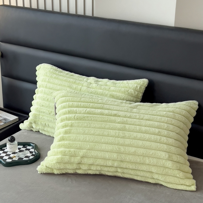 91家纺网 家纺一手货源 找家纺 印季家纺 2025新款立体剪花条纹兔毛绒四件套 草绿-灰