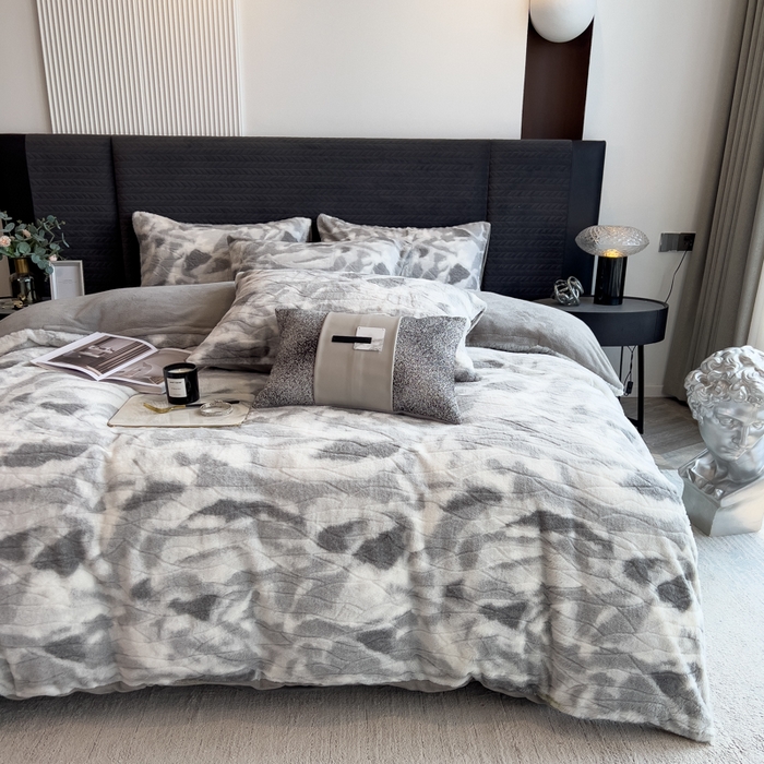 印季家纺 2025新款手工扎染剪花兔毛绒四件套 剪花-灰色