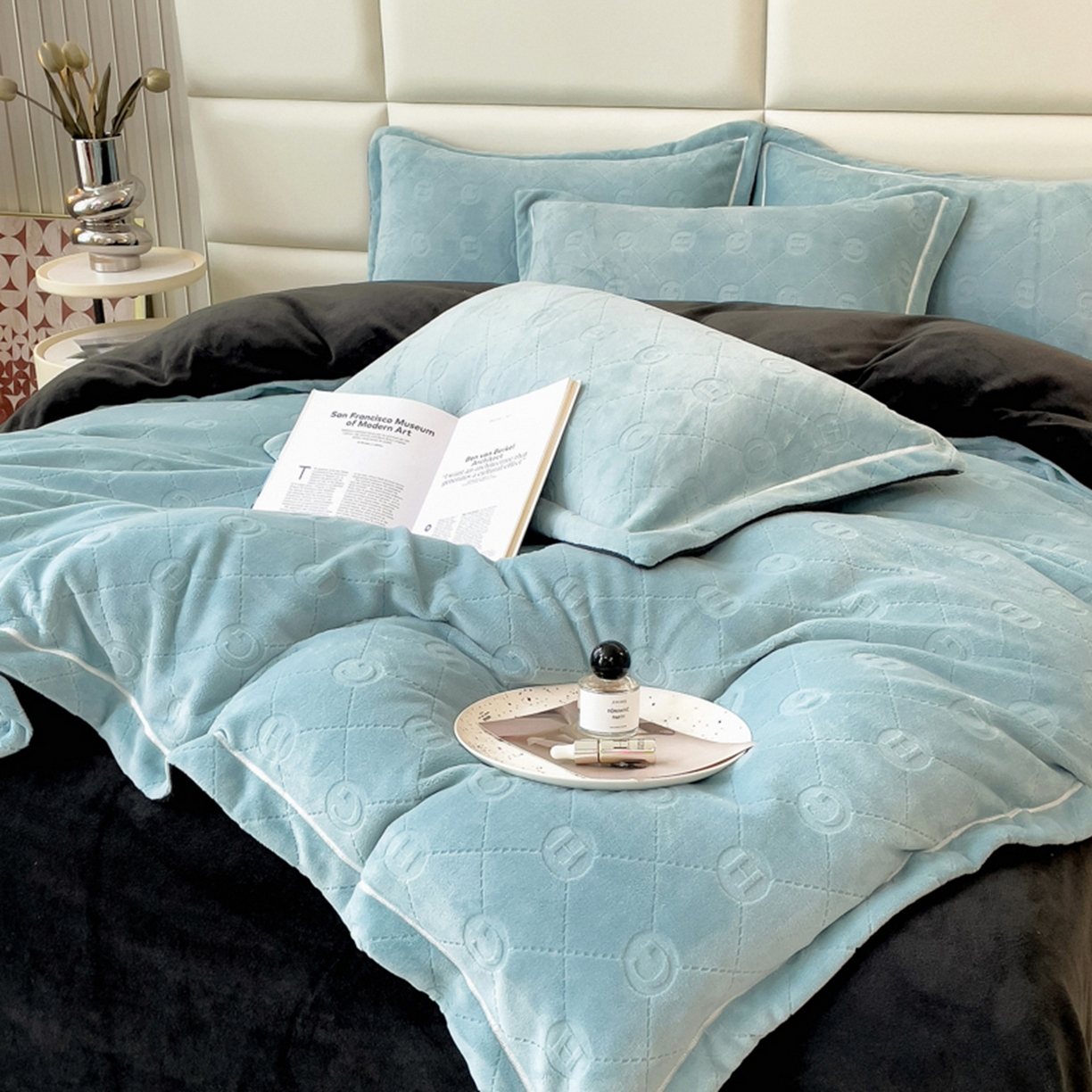 印季家纺 2025新款HG剪花一字绣牛奶绒四件套 繁星蓝-深灰