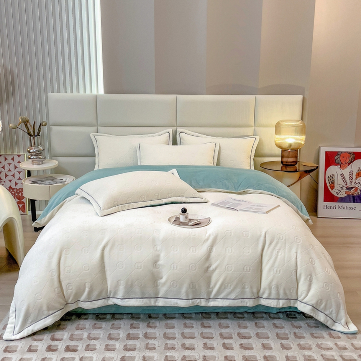 91家纺网 家纺一手货源 找家纺 印季家纺 2025新款HG剪花一字绣牛奶绒四件套 奶白-繁星兰