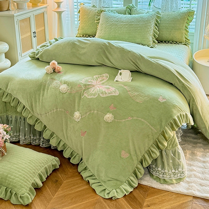 唐人居 2025新款高克重牛奶绒花边夹棉四件套-蝴蝶纷飞 蝴蝶纷飞-草绿