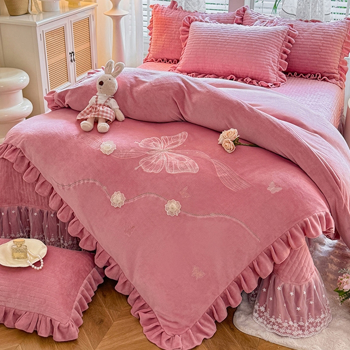 唐人居 2025新款高克重牛奶绒花边夹棉四件套-蝴蝶纷飞 蝴蝶纷飞-豆沙