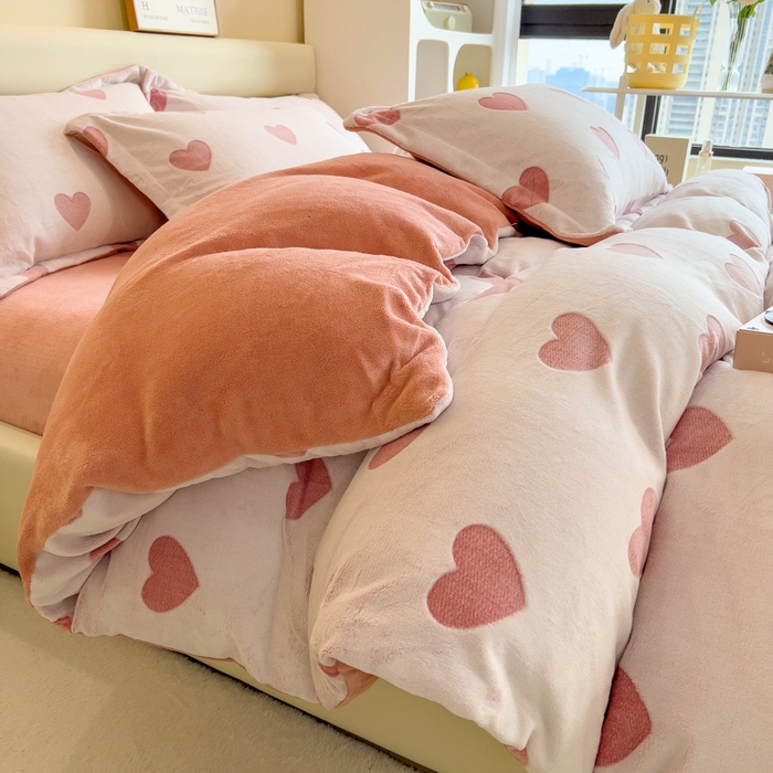 印季家纺 2025新款背印立体剪花牛奶绒四件套 心相印-粉