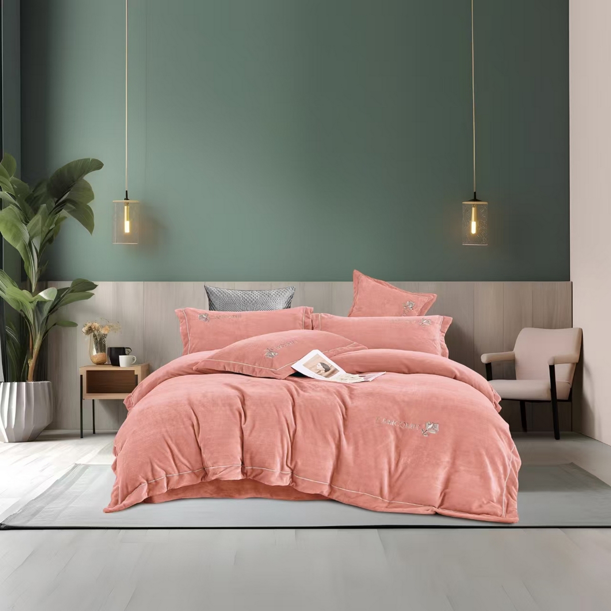 2025新款南苼肌理纹蚕丝绒四件套 柔雾桃粉