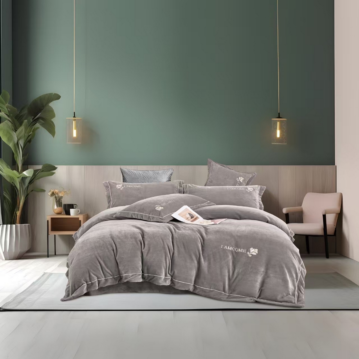2025新款南苼肌理纹蚕丝绒四件套 雾灰雅境