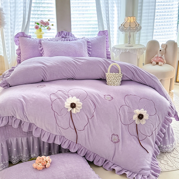 91家纺网 家纺一手货源 找家纺 唐人居 2025新款韩式花边蝴蝶结床盖四件套-优雅恋人 优雅恋人-浅灰