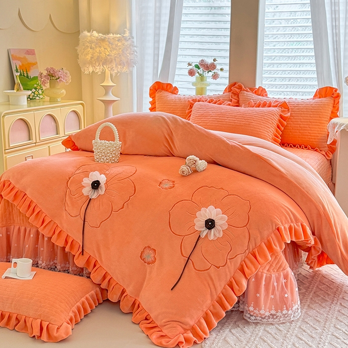 91家纺网 家纺一手货源 找家纺 唐人居 2025新款高克重牛奶绒立体绣花床盖四件套-芬芳 芬芳-暖橘