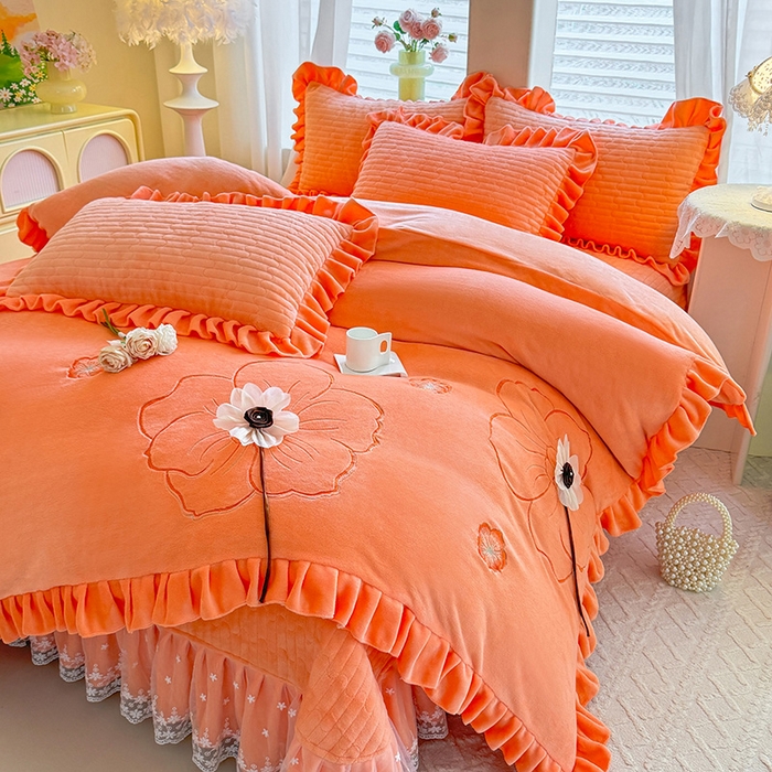 91家纺网 家纺一手货源 找家纺 唐人居 2025新款高克重牛奶绒立体绣花床盖四件套-芬芳 芬芳-暖橘