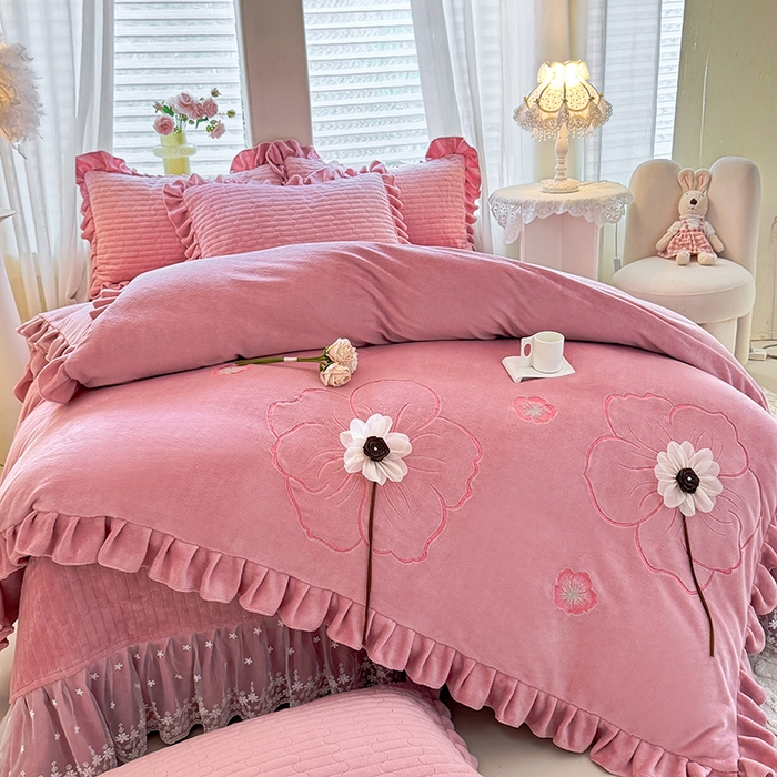 唐人居 2025新款高克重牛奶绒立体绣花床盖四件套-芬芳 芬芳-豆沙