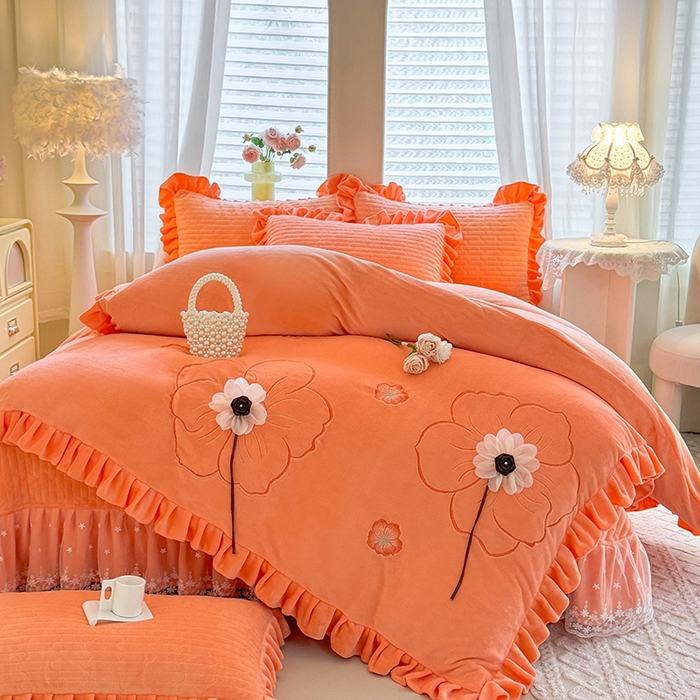 91家纺网 家纺一手货源 找家纺 唐人居 2025新款高克重牛奶绒立体绣花床盖四件套-芬芳 芬芳-暖橘