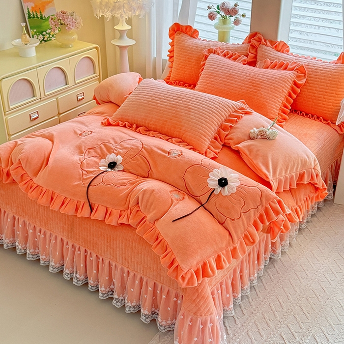91家纺网 家纺一手货源 找家纺 唐人居 2025新款高克重牛奶绒立体绣花床盖四件套-芬芳 芬芳-暖橘