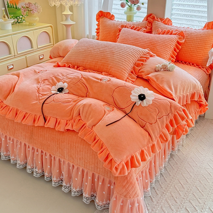 91家纺网 家纺一手货源 找家纺 唐人居 2025新款高克重牛奶绒立体绣花床盖四件套-芬芳 芬芳-暖橘