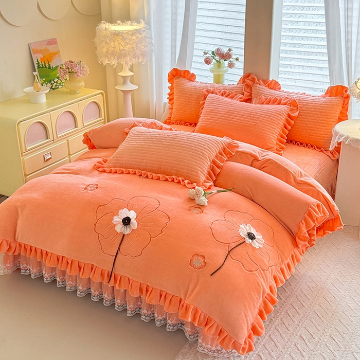 91家纺网 家纺一手货源 找家纺 唐人居 2025新款高克重牛奶绒立体绣花床盖四件套-芬芳 芬芳-暖橘