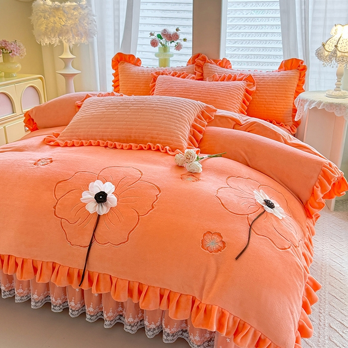 91家纺网 家纺一手货源 找家纺 唐人居 2025新款高克重牛奶绒立体绣花床盖四件套-芬芳 芬芳-暖橘