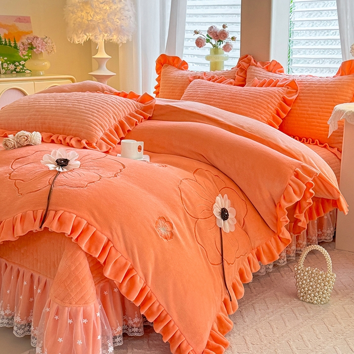 91家纺网 家纺一手货源 找家纺 唐人居 2025新款高克重牛奶绒立体绣花床盖四件套-芬芳 芬芳-暖橘