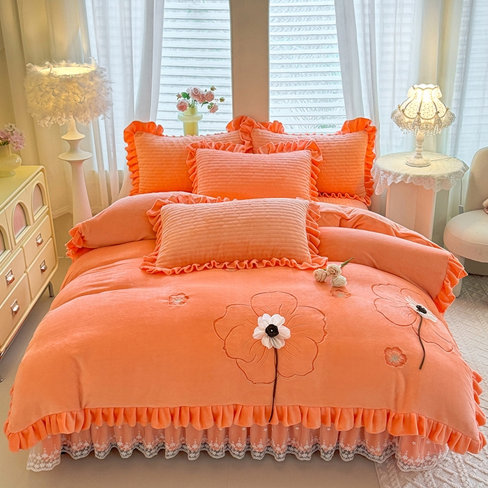 91家纺网 家纺一手货源 找家纺 唐人居 2025新款高克重牛奶绒立体绣花床盖四件套-芬芳 芬芳-暖橘