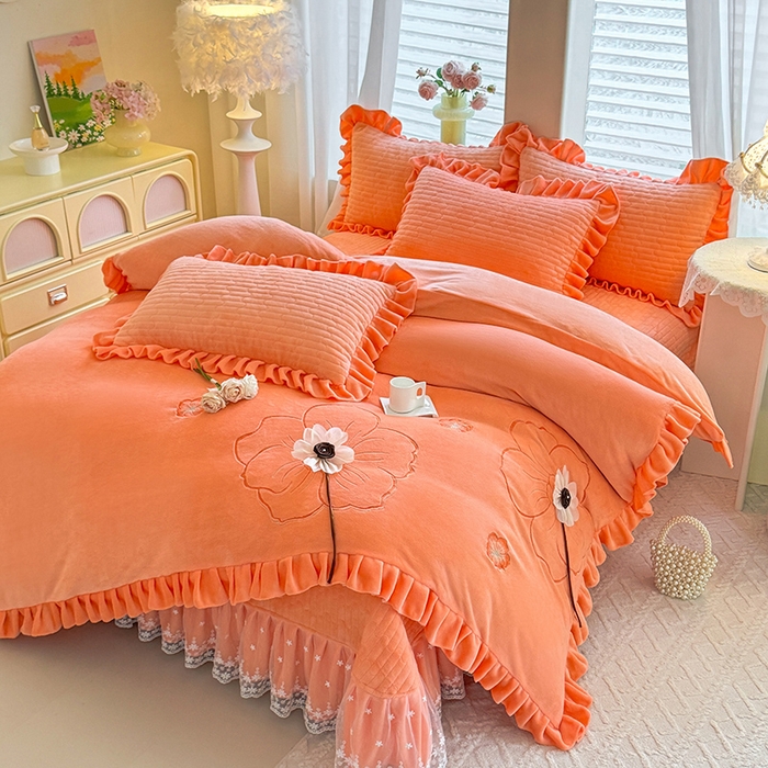 91家纺网 家纺一手货源 找家纺 唐人居 2025新款高克重牛奶绒立体绣花床盖四件套-芬芳 芬芳-暖橘