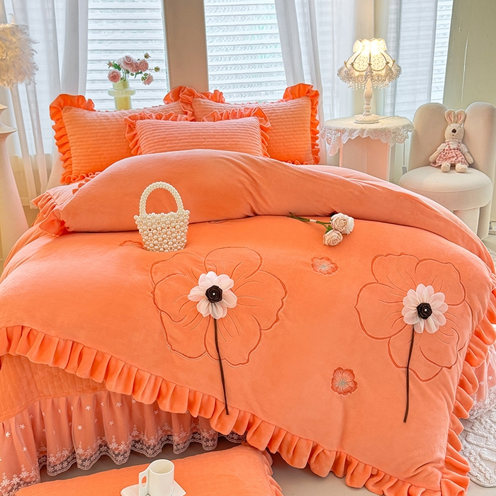 唐人居 2025新款高克重牛奶绒立体绣花床盖四件套-芬芳 芬芳-暖橘