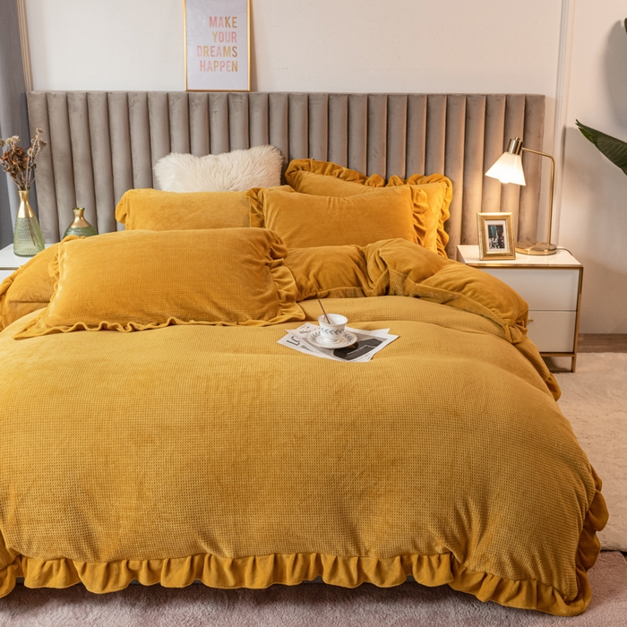 91家纺网 家纺一手货源 找家纺 （总）印季家纺 2025新款华夫格牛奶绒花边四件套