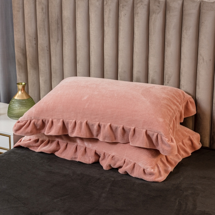 91家纺网 家纺一手货源 找家纺 印季家纺 2025新款华夫格牛奶绒花边四件套 豆沙-灰