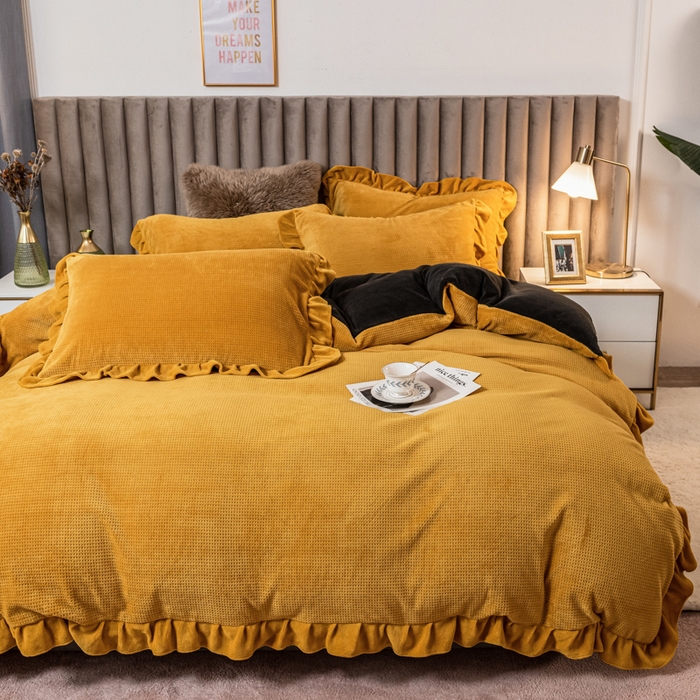 91家纺网 家纺一手货源 找家纺 （总）印季家纺 2025新款华夫格牛奶绒花边四件套