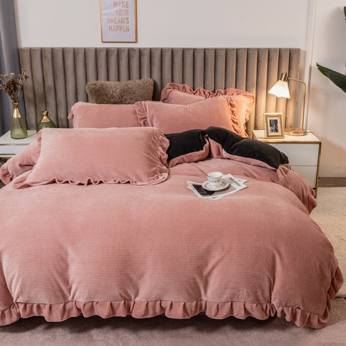 印季家纺 2025新款华夫格牛奶绒花边四件套 豆沙-灰