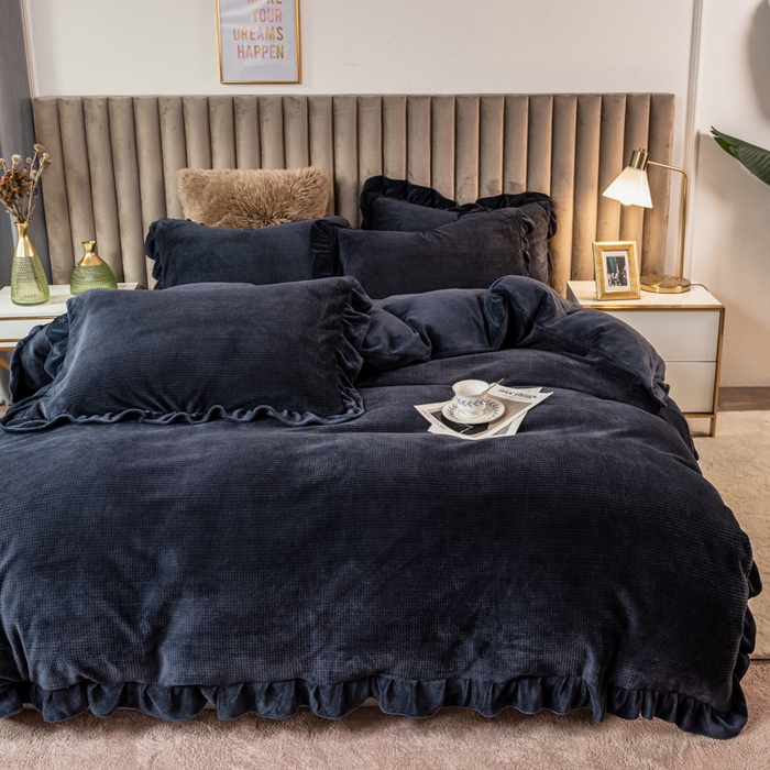 印季家纺 2025新款华夫格牛奶绒花边四件套 宝蓝