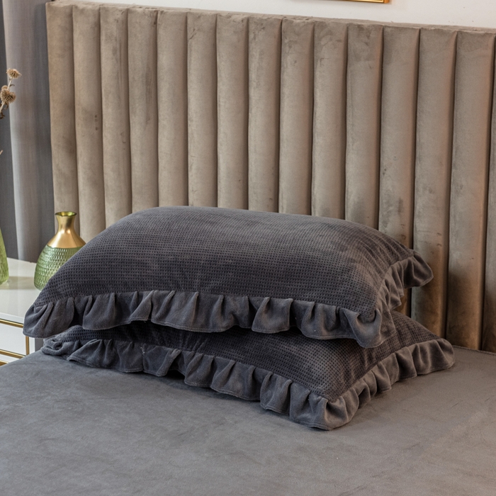 91家纺网 家纺一手货源 找家纺 印季家纺 2025新款华夫格牛奶绒花边四件套 紫灰