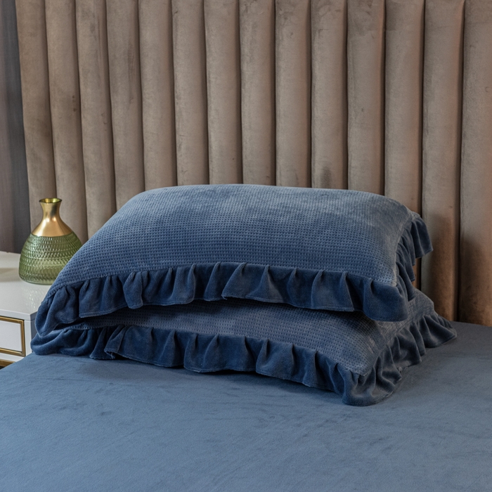 91家纺网 家纺一手货源 找家纺 印季家纺 2025新款华夫格牛奶绒花边四件套 蓝灰