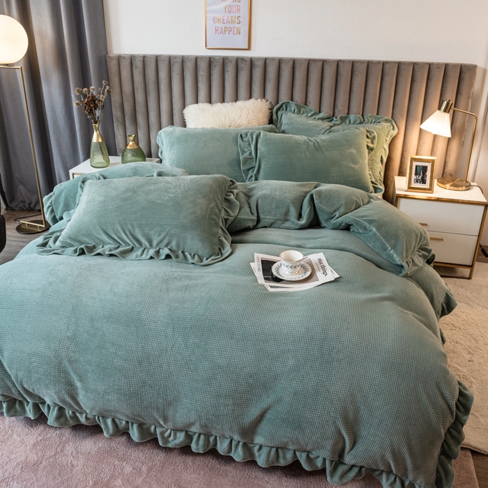 91家纺网 家纺一手货源 找家纺 印季家纺 2025新款华夫格牛奶绒花边四件套 湖绿