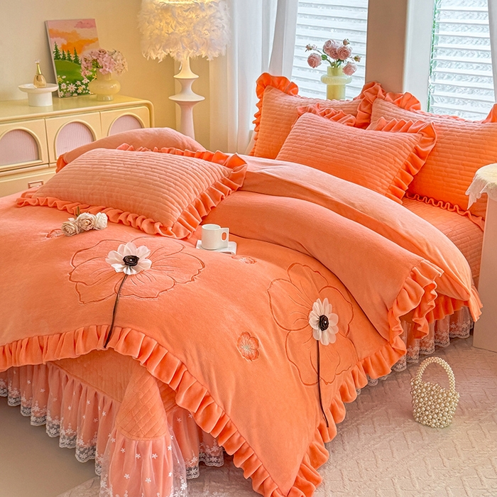91家纺网 家纺一手货源 找家纺 唐人居 2025新款高克重牛奶绒立体绣花床盖四件套-芬芳 芬芳-暖橘