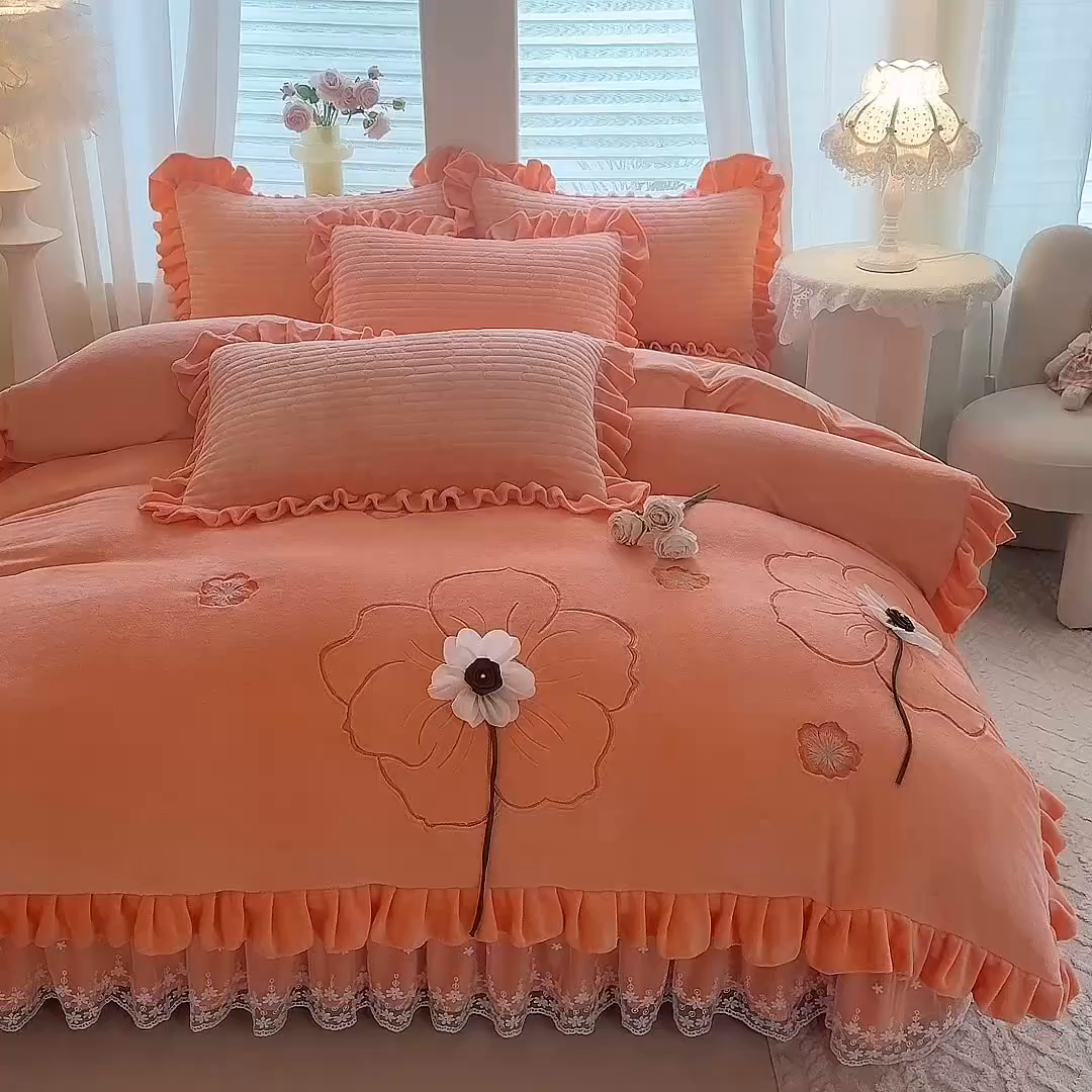 91家纺网 家纺一手货源 找家纺 唐人居 2025新款高克重牛奶绒立体绣花床盖四件套-芬芳 芬芳-暖橘