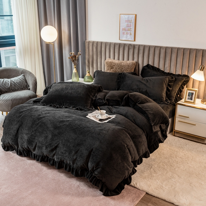 91家纺网 家纺一手货源 找家纺 印季家纺 2025新款华夫格牛奶绒花边四件套 深灰