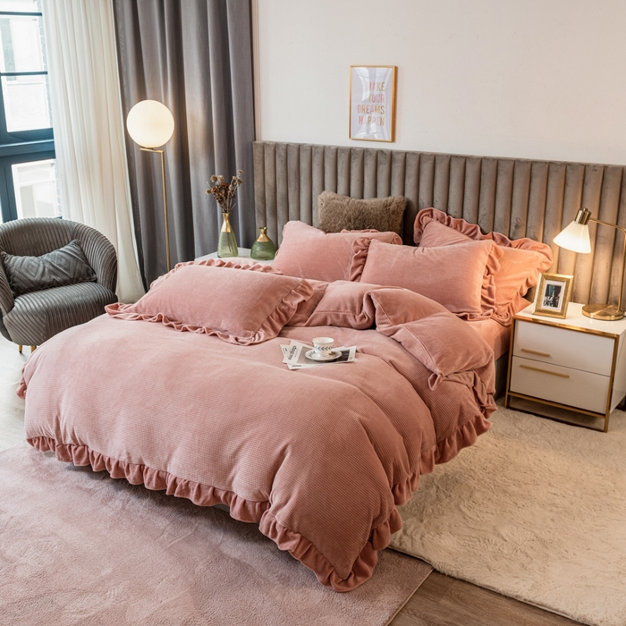 91家纺网 家纺一手货源 找家纺 印季家纺 2025新款华夫格牛奶绒花边四件套 豆沙