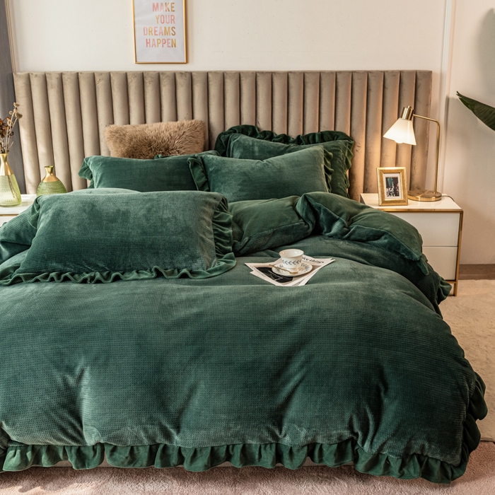 印季家纺 2025新款华夫格牛奶绒花边四件套 墨绿