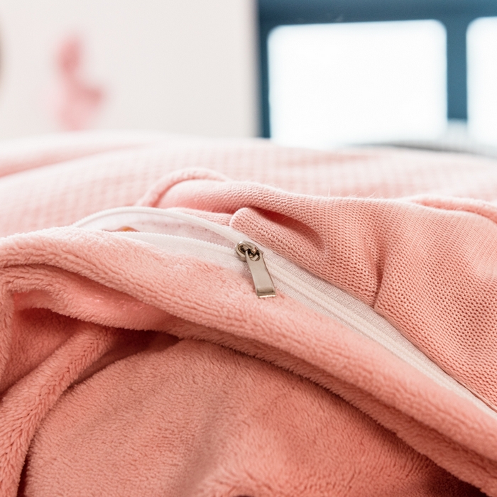 91家纺网 家纺一手货源 找家纺 印季家纺 2025新款华夫格牛奶绒花边四件套 嫩粉