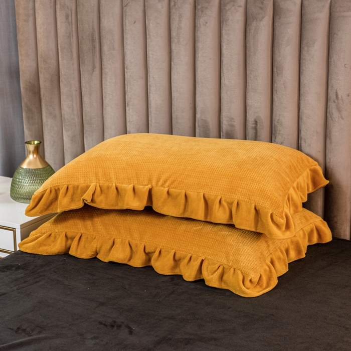 91家纺网 家纺一手货源 找家纺 印季家纺 2025新款华夫格牛奶绒花边四件套 姜黄-灰