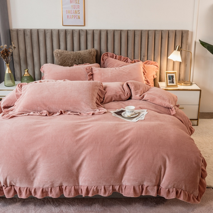 印季家纺 2025新款华夫格牛奶绒花边四件套 豆沙