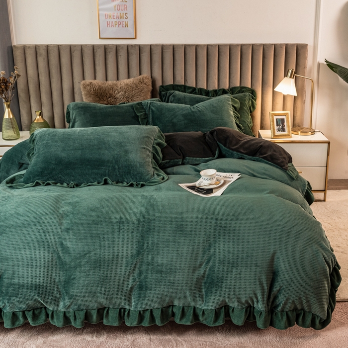 印季家纺 2025新款华夫格牛奶绒花边四件套 墨绿-灰