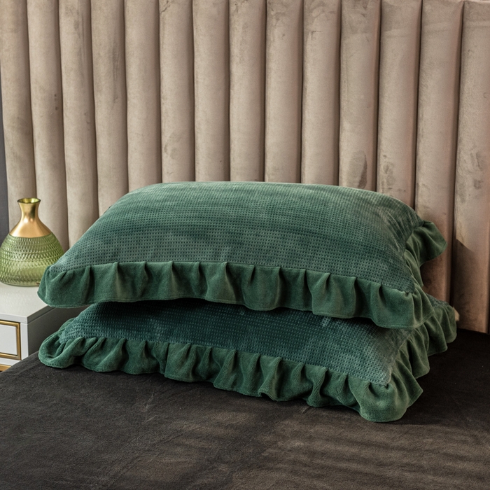 91家纺网 家纺一手货源 找家纺 印季家纺 2025新款华夫格牛奶绒花边四件套 墨绿-灰