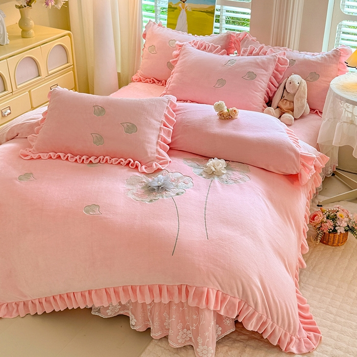 唐人居 2025新款加厚牛奶绒立体绣花四件套-花漾 花漾-粉色
