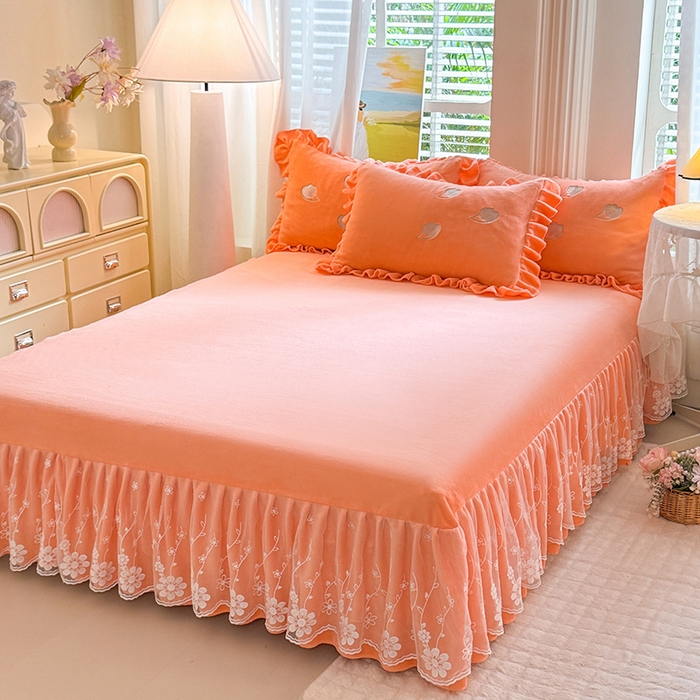 91家纺网 家纺一手货源 找家纺 唐人居 2025新款加厚牛奶绒立体绣花四件套-花漾 花漾-暖橘