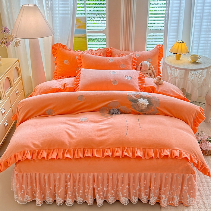 91家纺网 家纺一手货源 找家纺 唐人居 2025新款加厚牛奶绒立体绣花四件套-花漾 花漾-暖橘