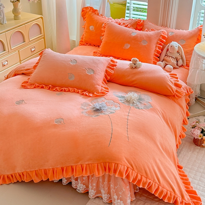 唐人居 2025新款加厚牛奶绒立体绣花四件套-花漾 花漾-暖橘